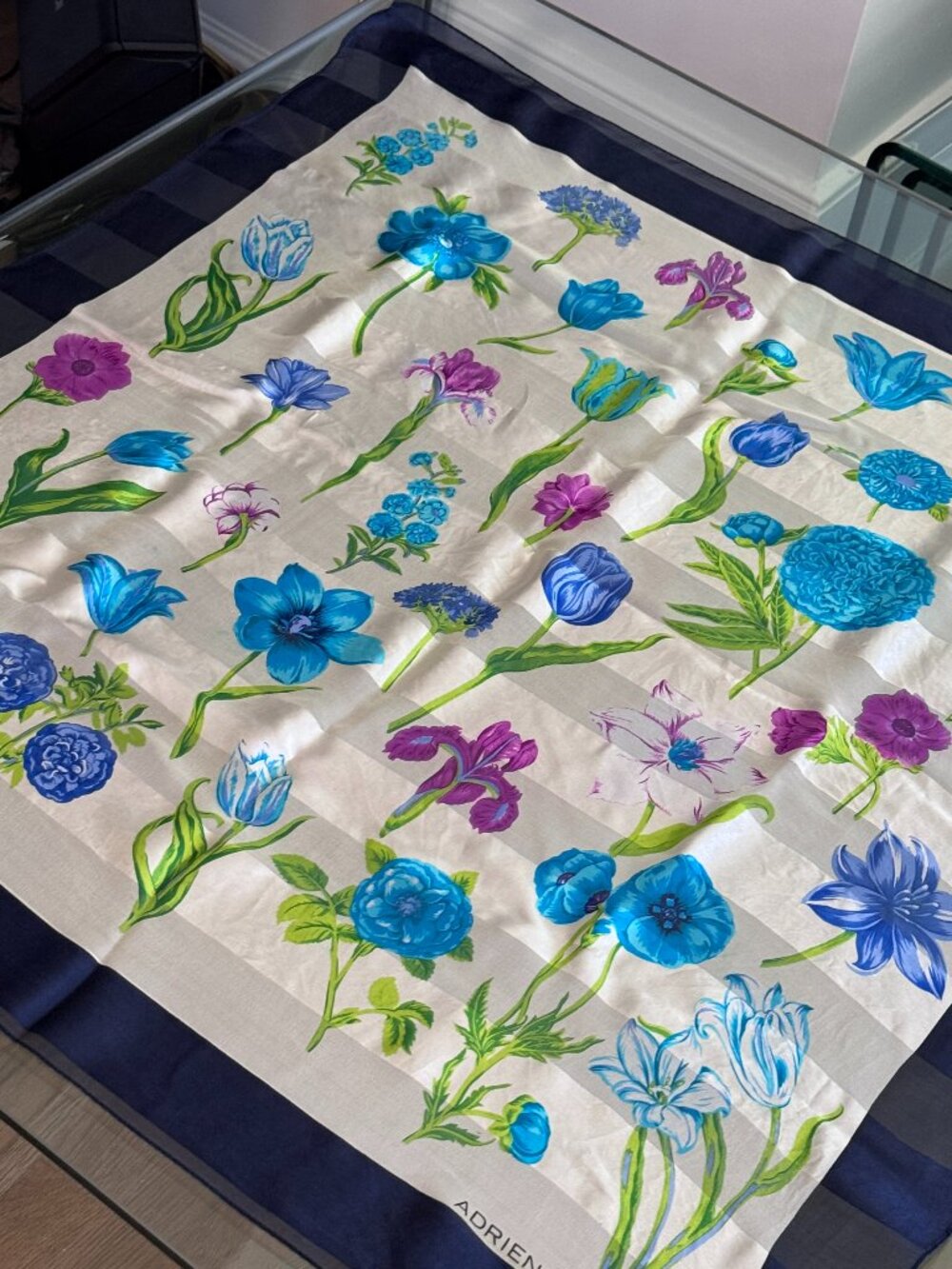Adrienne Vittadini Vintage Silk Scarf | Floral Botanical Print | Blue & Purple - Picture 5 of 7